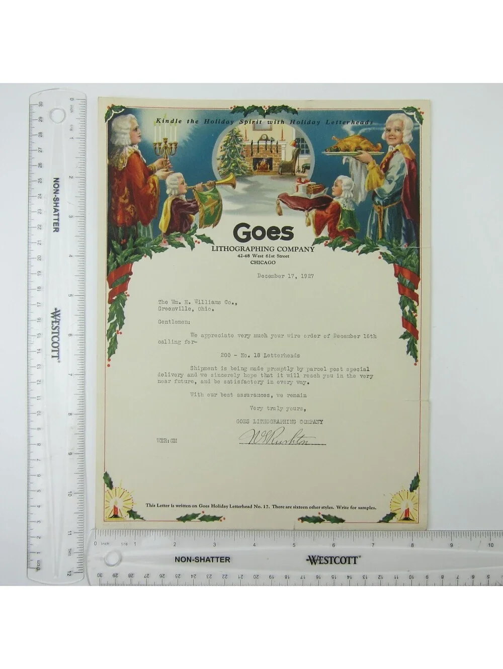 Vintage 1927 Christmas Stationery Sample Royal Meal Fireplace Goes Lithography